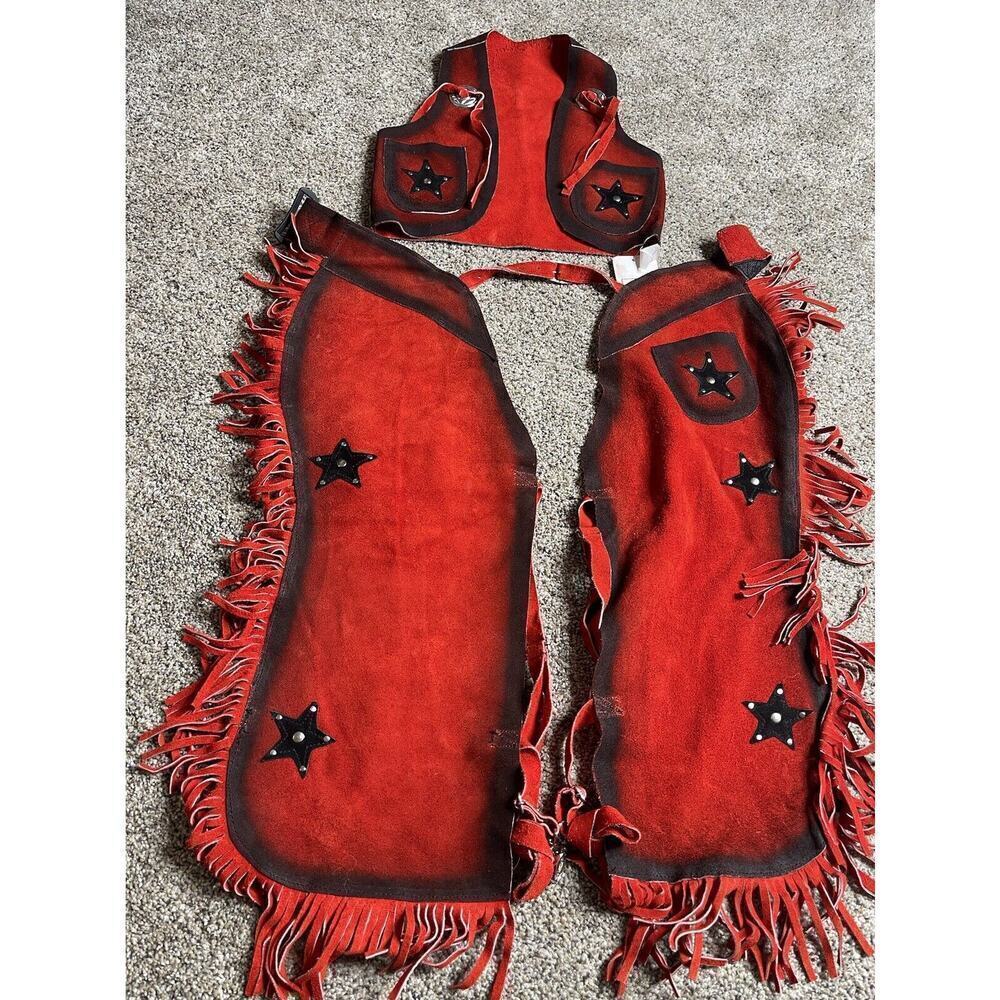 New! Rockmount Ranch Wear Tru-West Kids Chaps & Vest Medium Red Leather Fringed